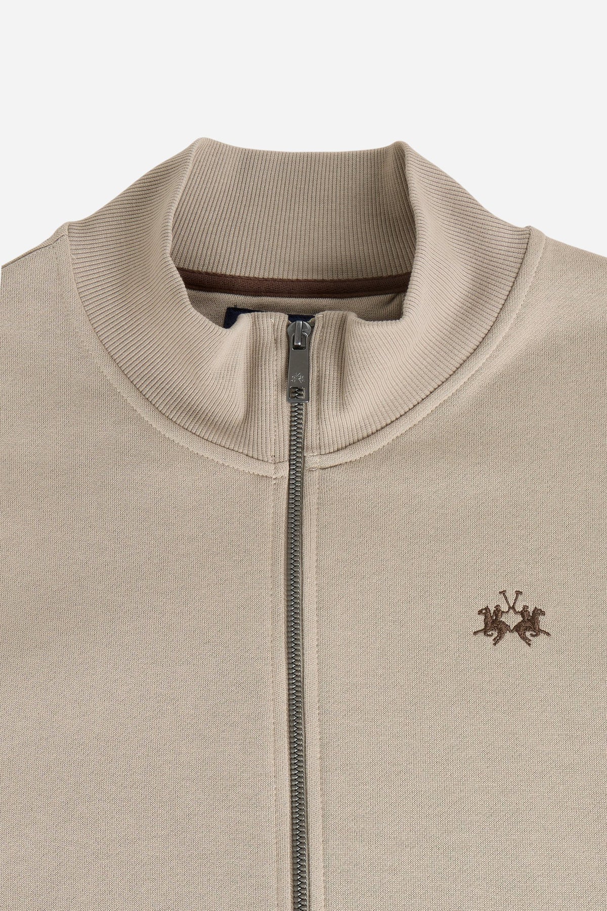 Men's 100% cotton fleece sweatshirt with a high collar, customized zipper, ribbed cuffs and hem, regular fit, and a subtle embroidered logo for comfort and style. - Vintage Khaki