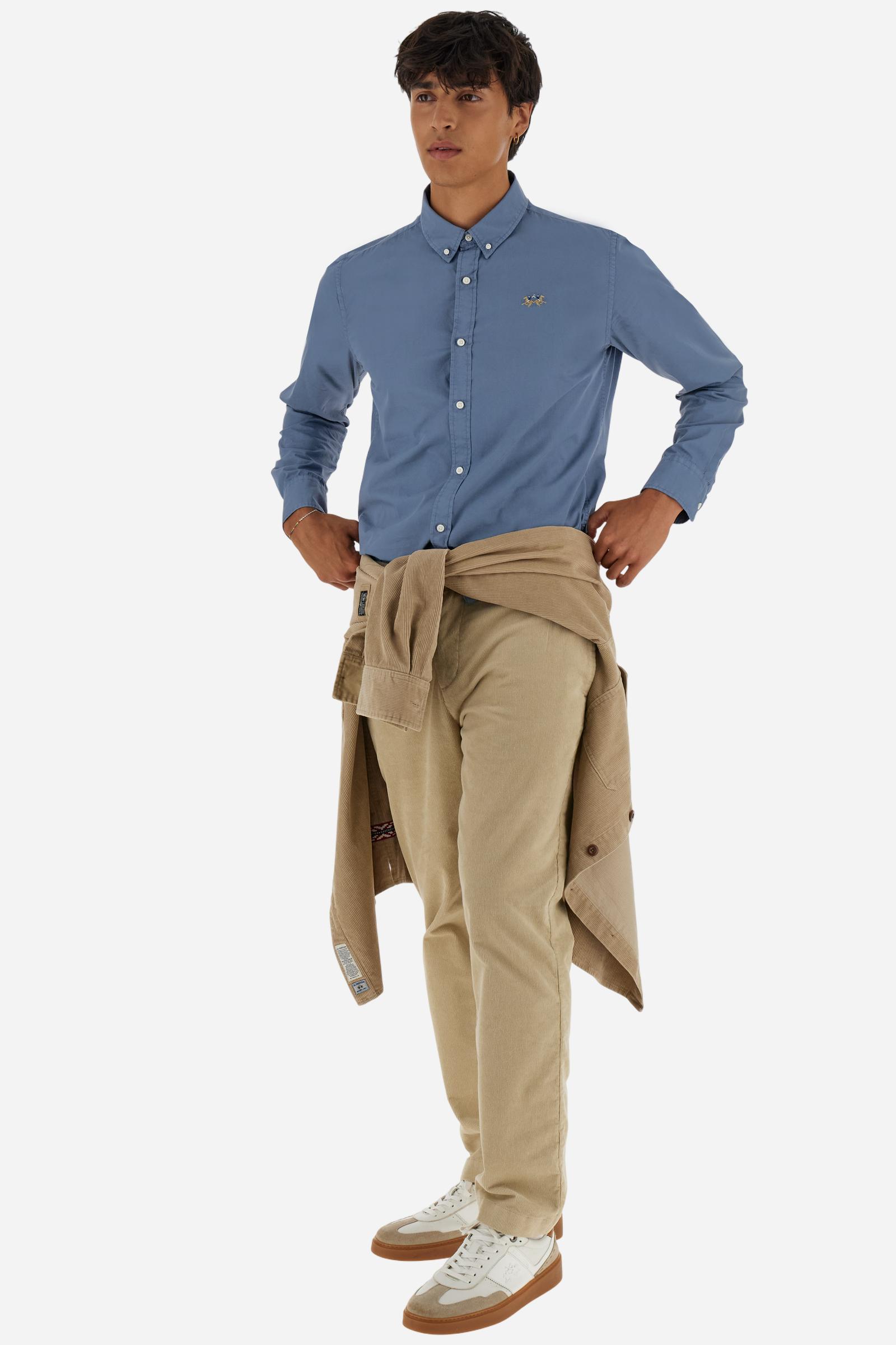 Men's long-sleeved shirt in cotton poplin. Slim fit with button-down collar. - Flint Stone