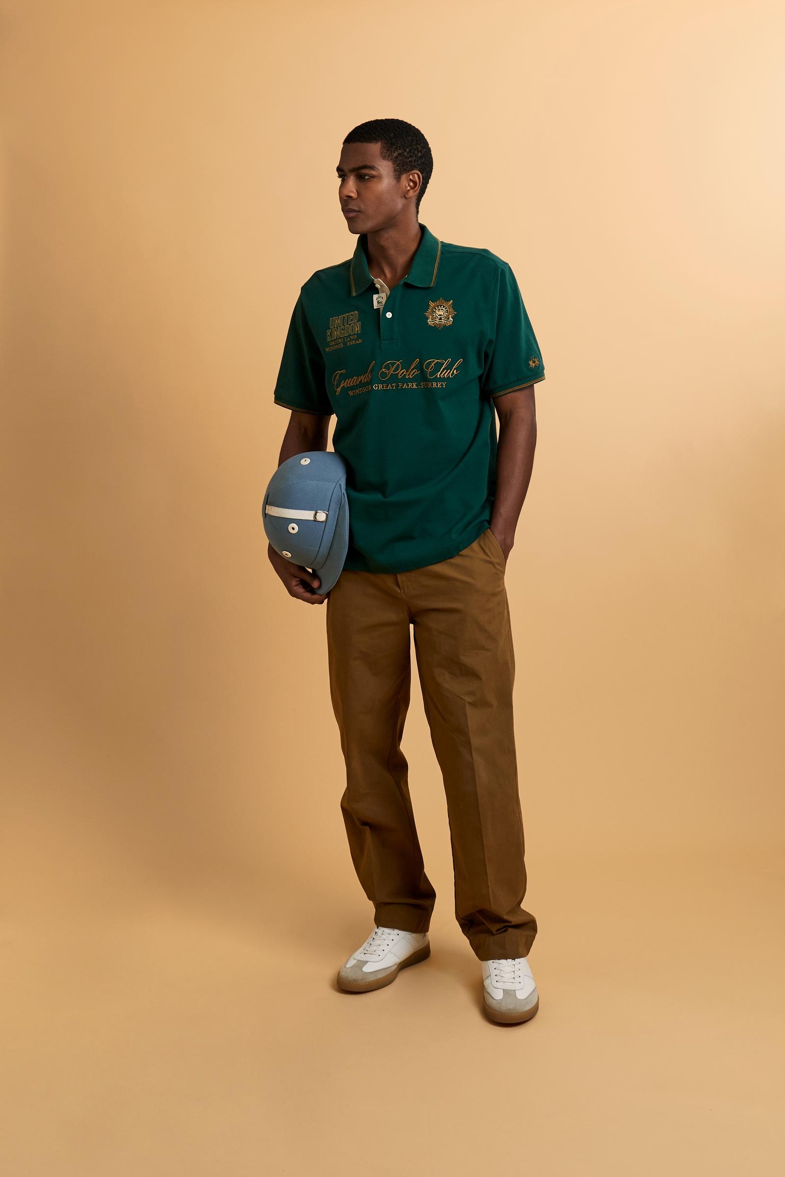 Men’s short-sleeve piqué polo. Contemporary fit with ribbed details on collar and cuffs, enriched with lettering graphics and crests inspired by the Guards Polo Club. - Pineneedle                                                                                                                                                                                                                                                                                                                                             