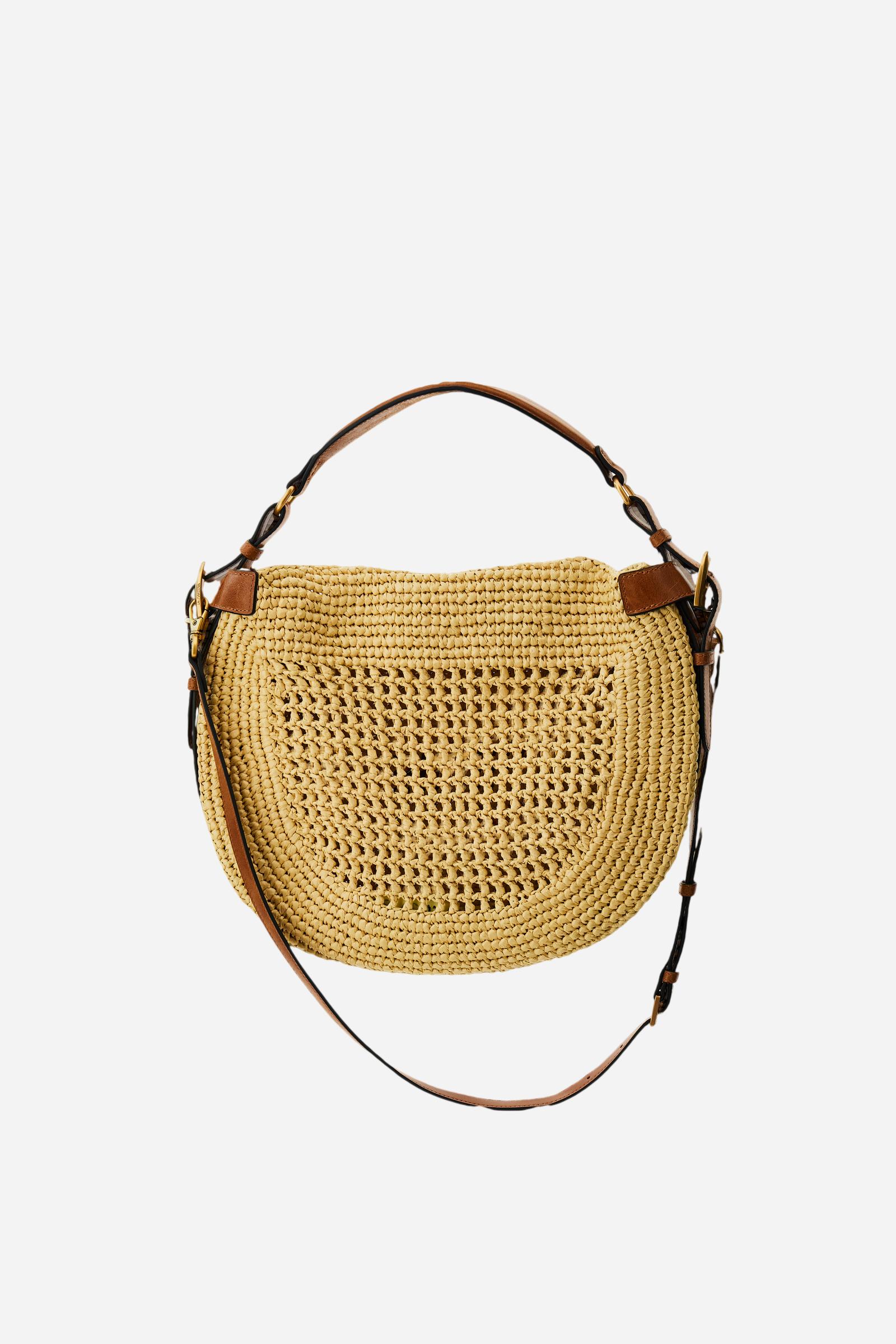 Shoulder bag in natural woven raffia with leather details, openwork texture, flap closure, adjustable strap, and lightweight cotton lining for stylish, versatil - Neutral/Cuoio