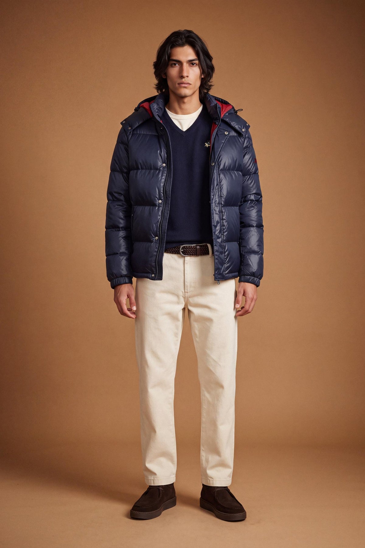 Men's padded feather bomber jacket with detachable hood, iridescent nylon, double zipper, snap buttons, adjustable drawstring, zippered pockets, and embroidered logo. - Navy Blazer