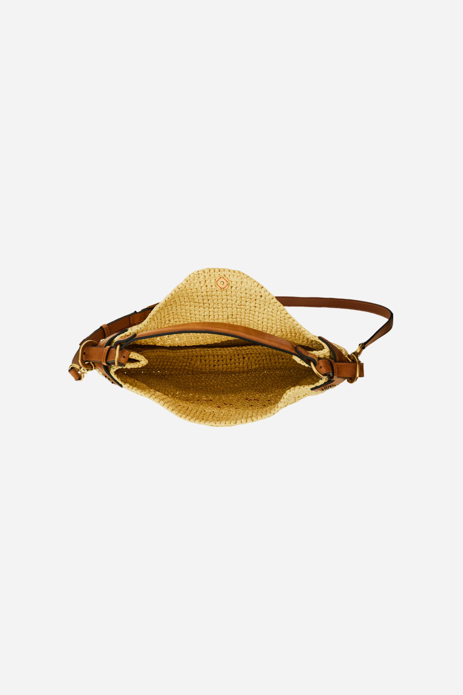 Shoulder bag in natural woven raffia with leather details, openwork texture, flap closure, adjustable strap, and lightweight cotton lining for stylish, versatil - Neutral/Cuoio