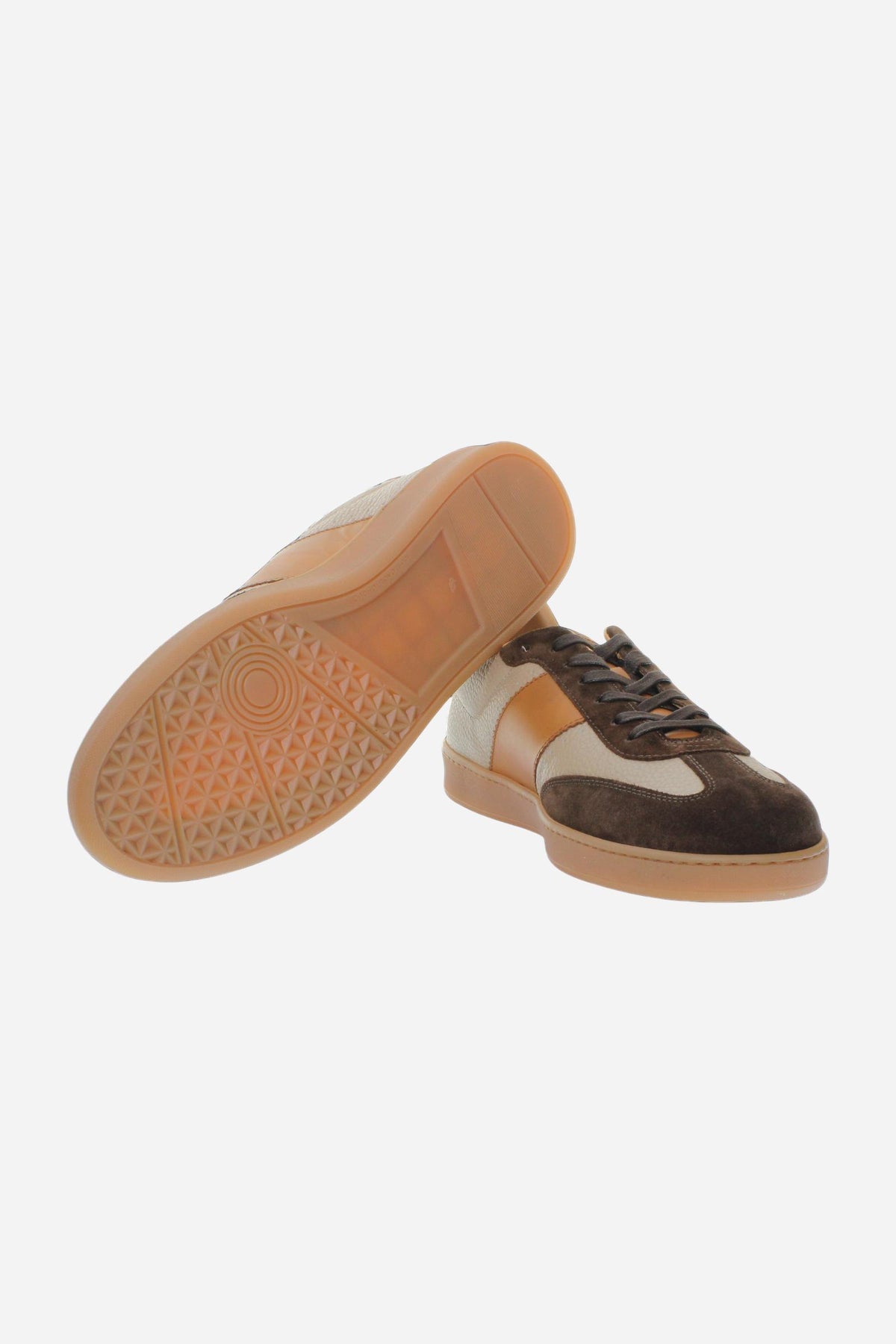 Men's suede and calfskin sneaker with vegetable-tanned leather stripe, handcrafted Cavalli logo, contrasting heel tab, and flat honey rubber sole. Made in Italy. - Summer Sand/Falcon