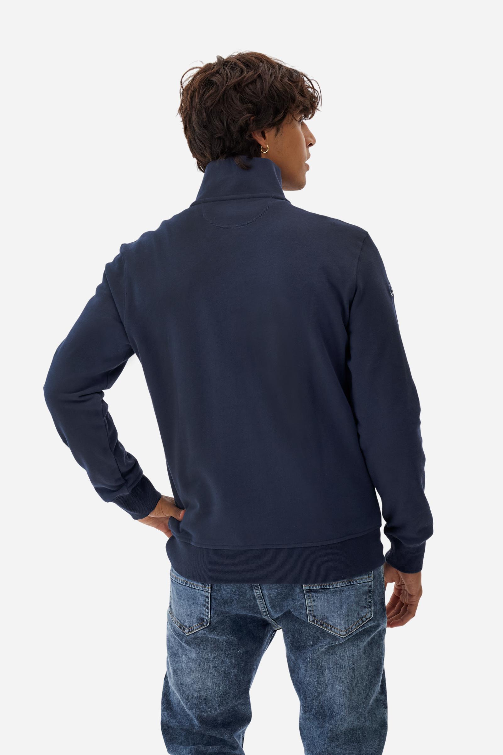 Men's long-sleeved solid colour sweatshirt in cotton. Made of pure cotton fabric with a soft, velvety touch. Practical half-zip opening and ribbed cuffs and collar details. Vivid multi-coloured with Argentina-inspired graphics on the chest and sleeves. The logo is embroidered on the left side of chest for a subtle touch of branding. The fit is regular to suit everyday wear. The model is wearing a size L. - Navy