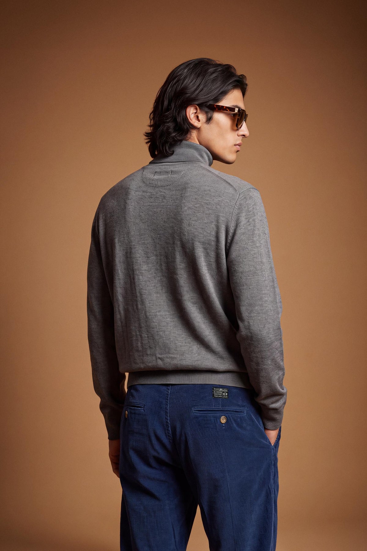 Men's long-sleeve sweater with a high-neck, soft wool-cotton blend, ribbed collar and cuffs, and subtle tone-on-tone embroidered logo for a comfortable, classic fit. - Medium Heather Grey