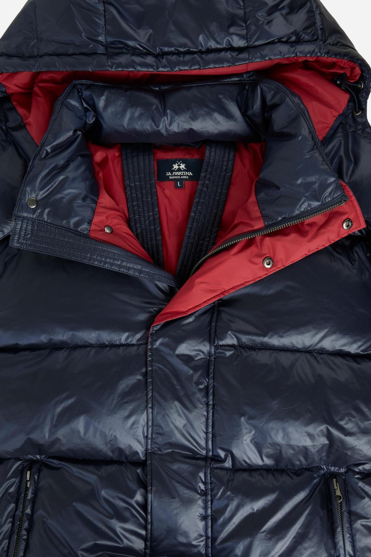 Men's padded feather bomber jacket with detachable hood, iridescent nylon, double zipper, snap buttons, adjustable drawstring, zippered pockets, and embroidered logo. - Navy Blazer