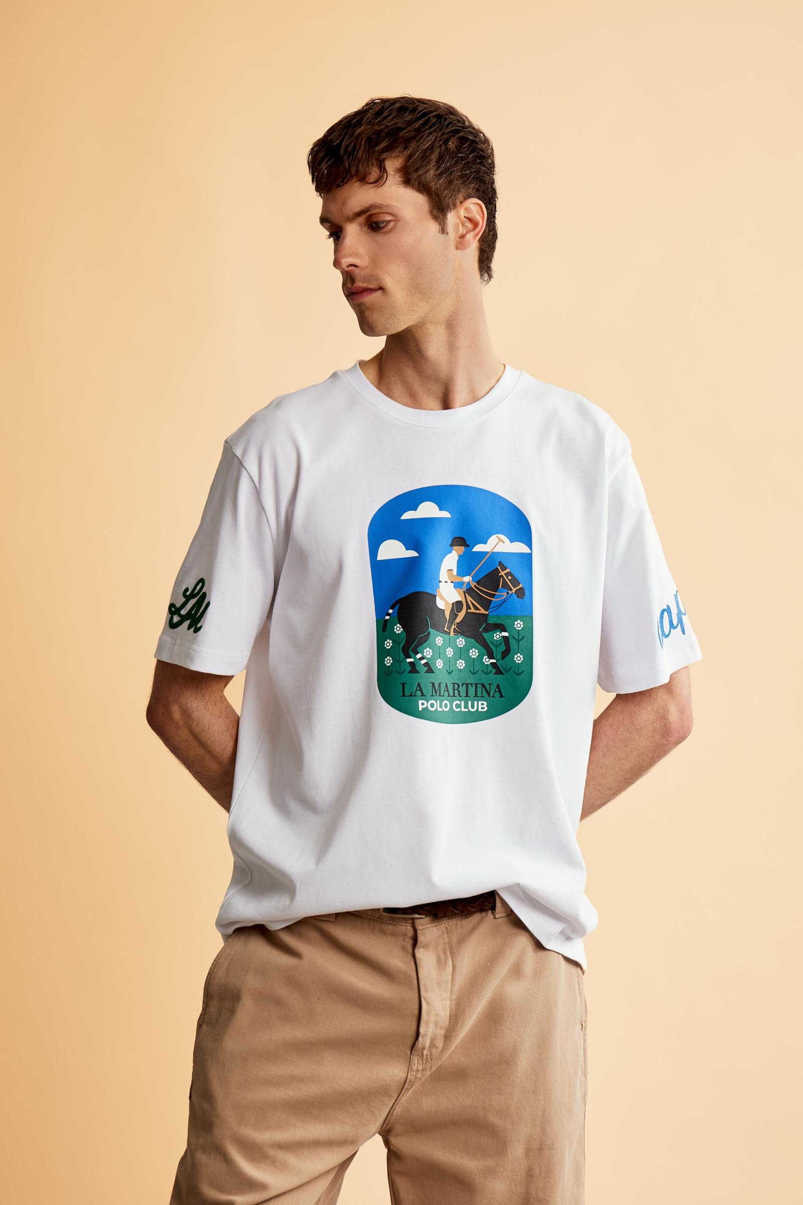 Men’s cotton jersey T-shirt with contemporary fit and Capri Edition printed graphic. Bold logo and contrast monogram. - Optic White