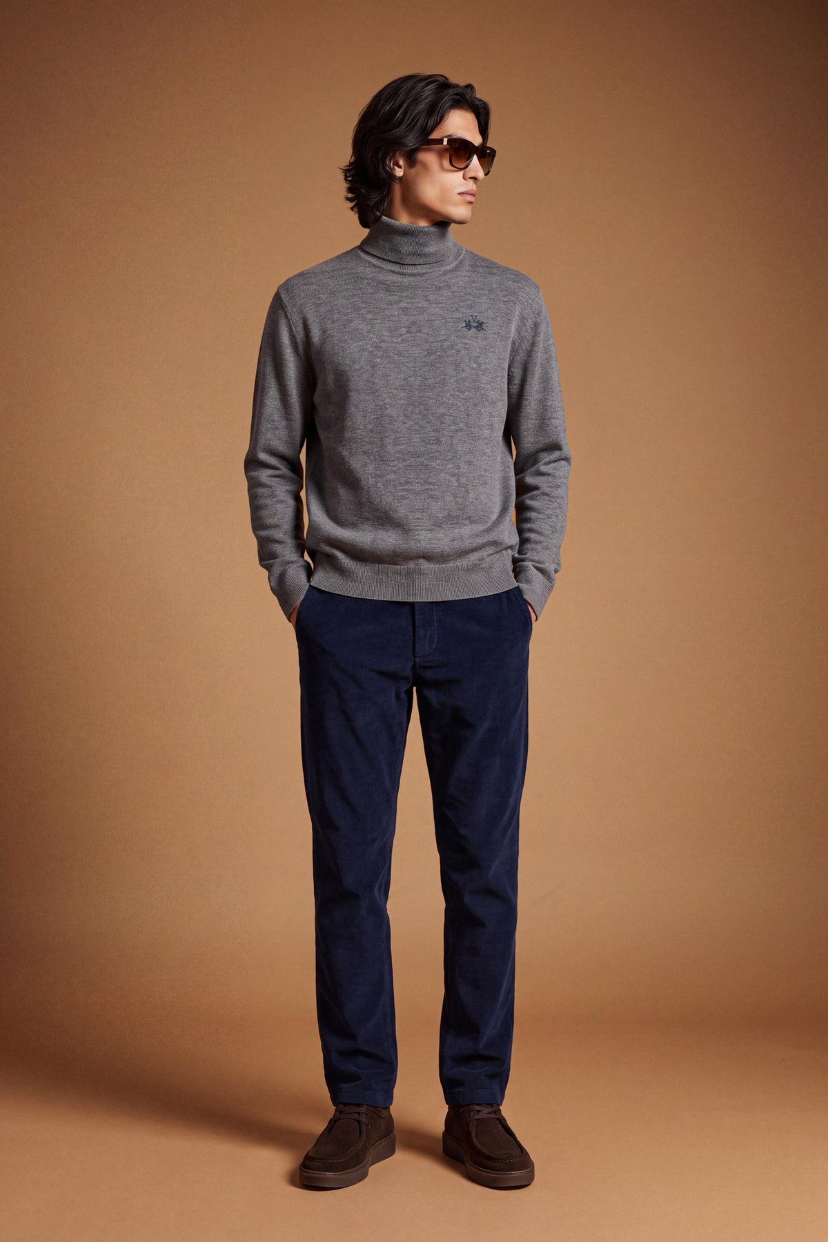 Men's long-sleeve sweater with a high-neck, soft wool-cotton blend, ribbed collar and cuffs, and subtle tone-on-tone embroidered logo for a comfortable, classic fit. - Medium Heather Grey
