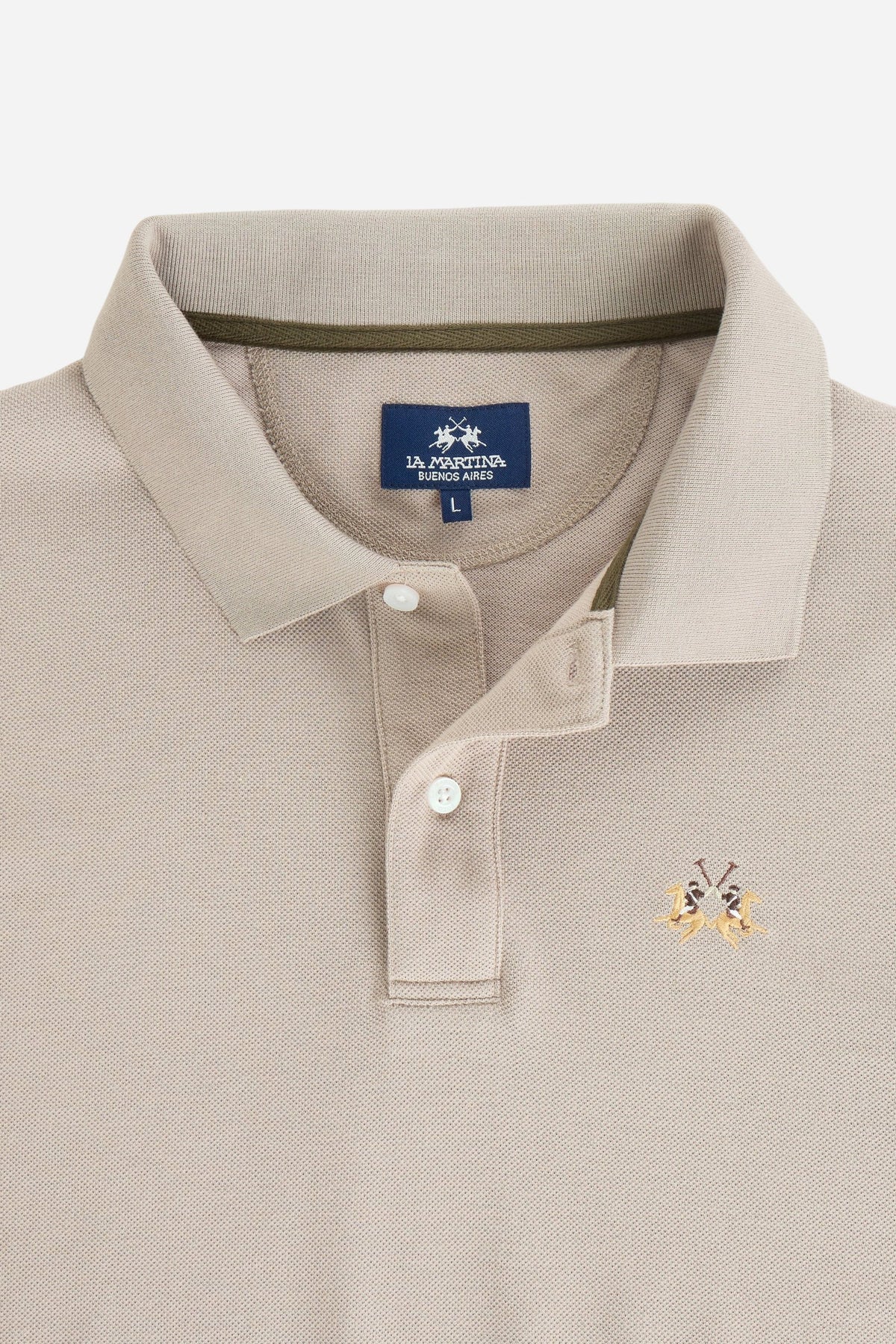Men’s long-sleeve polo in stretch cotton piqué offers comfort, flexibility, a ribbed collar with contrasting gabardine detail, slim fit, and embroidered logo - Vintage Khaki
