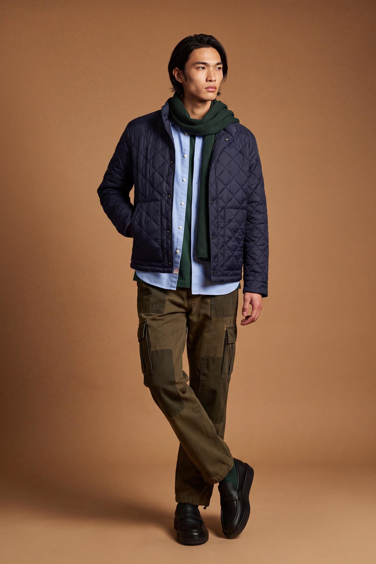 Men's quilted nylon jacket with polyamide lining and polyester padding for lightweight warmth, high collar, zip and snap closure, patch pockets, and a clean, regular fit. - Navy Blazer