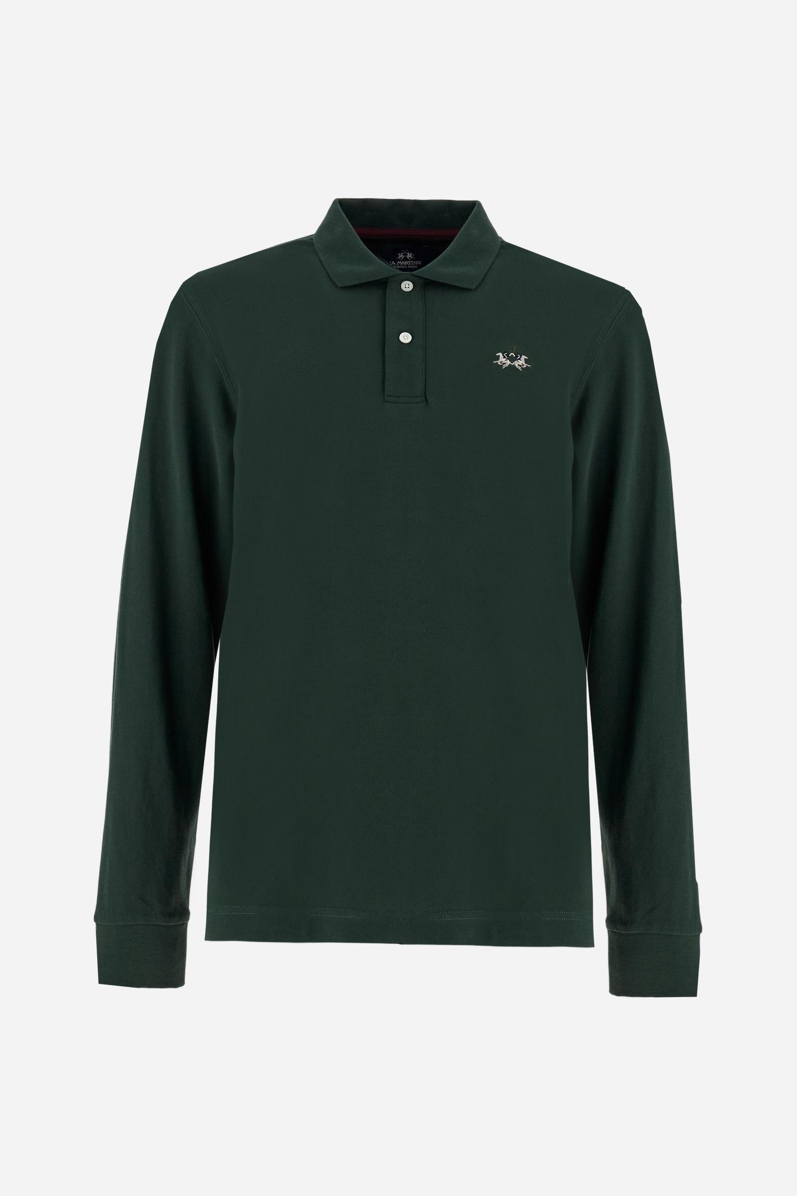 Men’s long-sleeve polo in high-quality stretch cotton piqué for comfort and flexibility. Tone-on-tone ribbed collar with contrast gabardine undercollar embroidered with the brand’s iconic lettering, revealed when the collar is lifted. Contrast embroidered logo on the chest. Slim fit, offering a modern silhouette that enhances the body while ensuring freedom of movement. Model wears size L. - Sycamore
