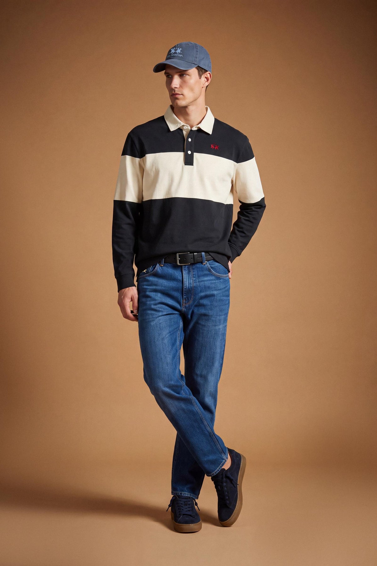 Men's long-sleeve polo in heavy 100% cotton jersey with two-tone collegiate color block, rugby construction, contrasting collar, and embroidered logo for comfor - Navy Blazer/Pristine