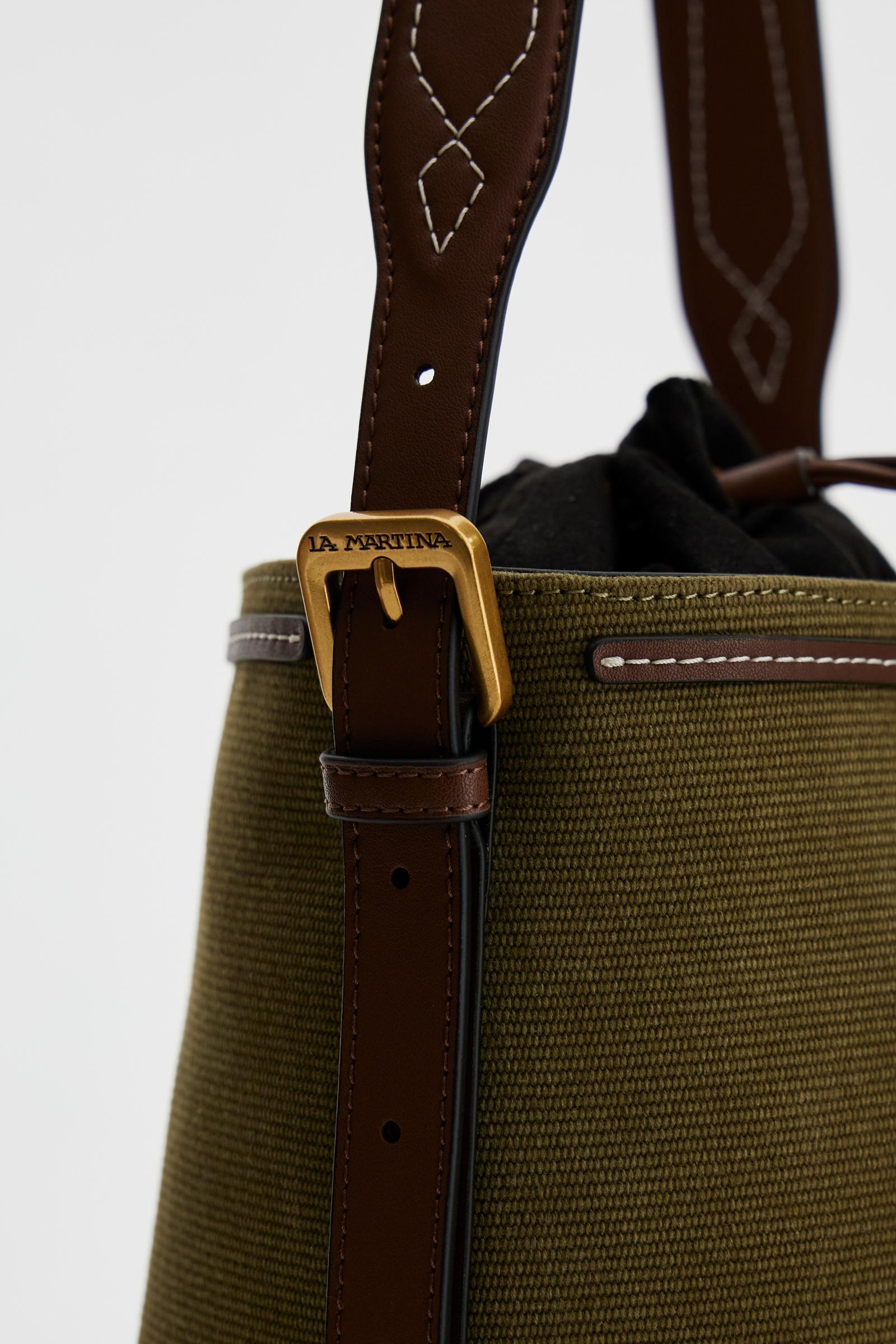 Structured bucket bag in washed canvas with eco-leather contrast details and gold maxi logo buckle on the front. - Brown/Military