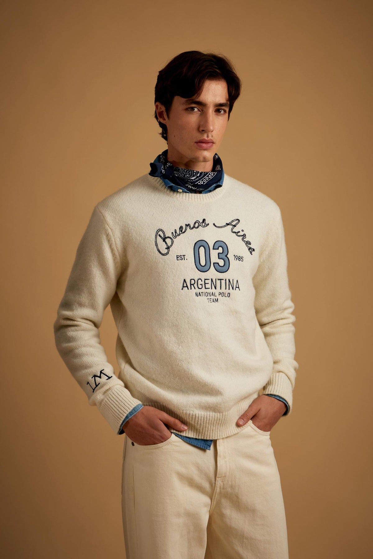 Men's crew neck sweater with alpaca blend, striped Argentina - Elmer