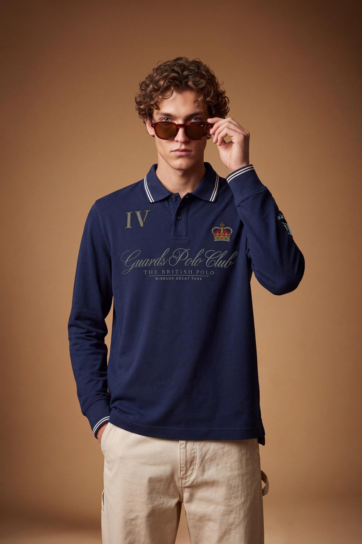 Men's long-sleeve cotton piqué polo with a regular fit, ribbed collar and cuffs, contrasting details, and multicolored embroidered logos for a refined look. - Navy Blazer