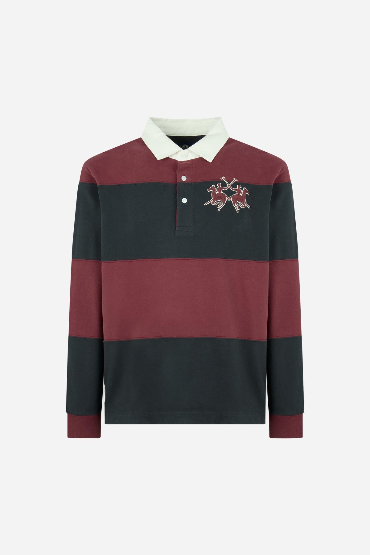 Men's long-sleeve polo made from heavy 100% cotton with a modern fit, dropped shoulders, wide rugby stripes, contrasting gabardine collar, and bold logo details. - Port Royale/Navy Bla