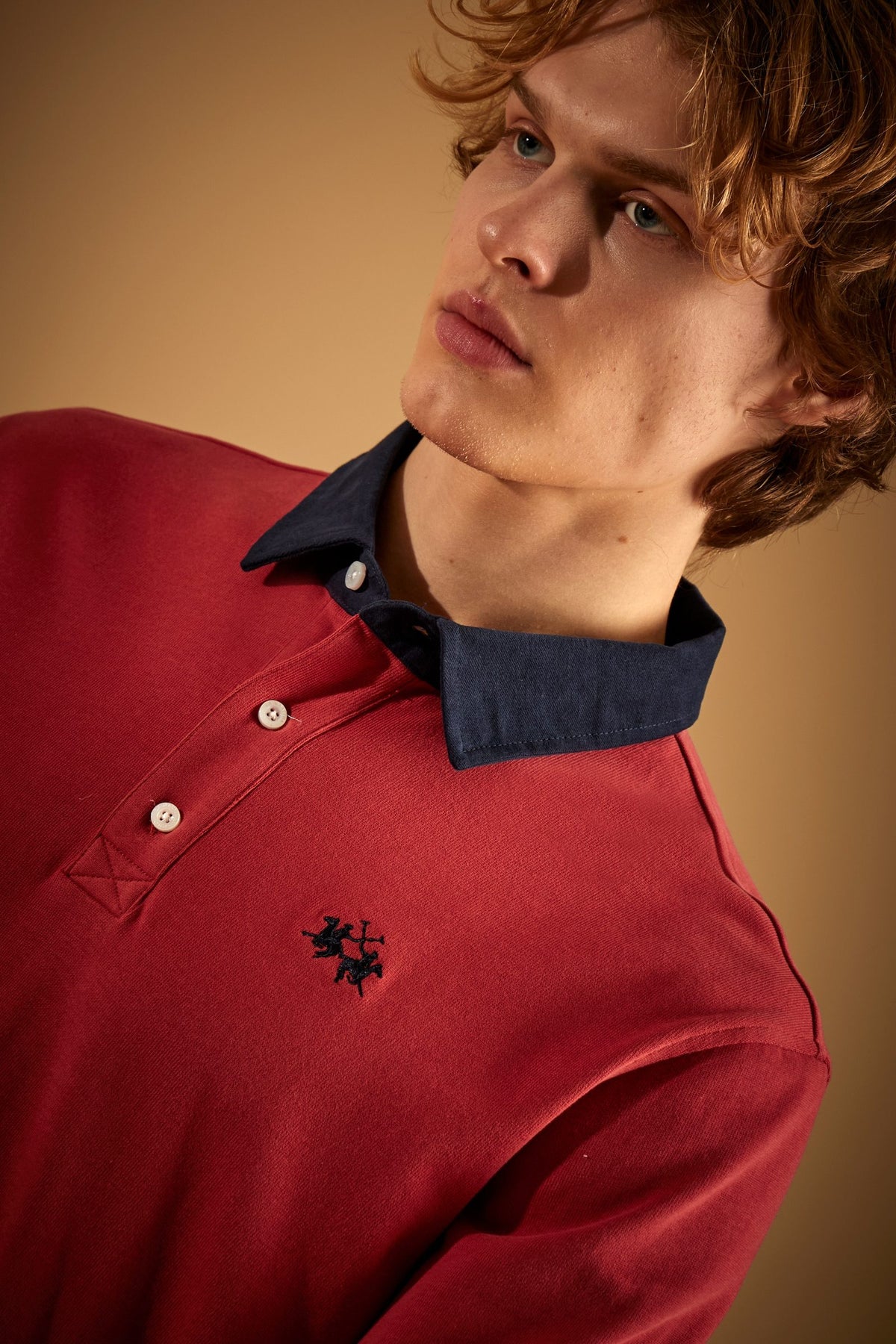 Men's long-sleeve polo shirt in heavy cotton jersey with contrast collar - Duke