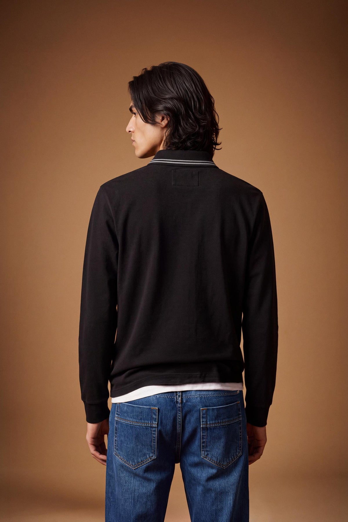 Men's long-sleeve cotton piqué polo with a regular fit, ribbed collar and cuffs, contrasting details, and multicolored embroidered logos for a refined look. - Black