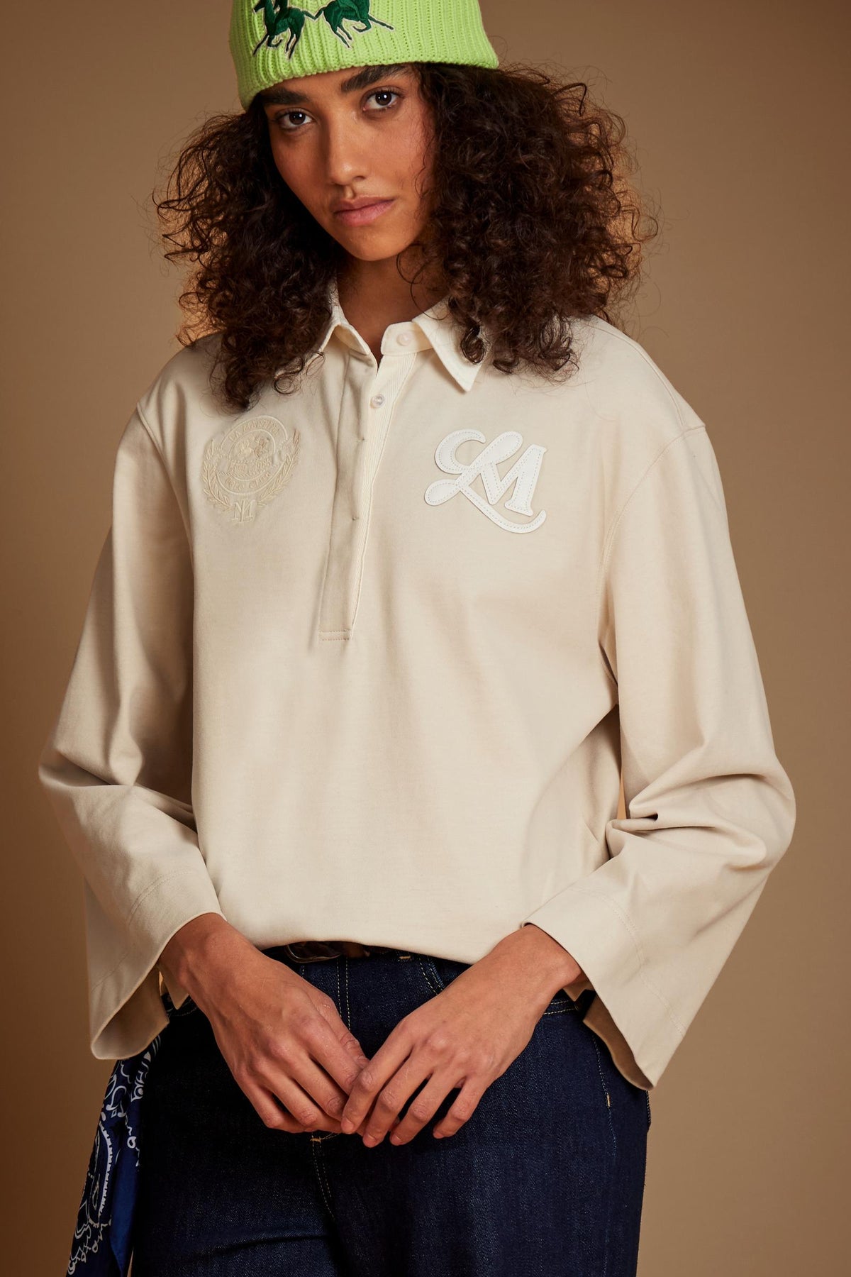 Women's long sleeve cotton jersey polo with LM patch - Edilia