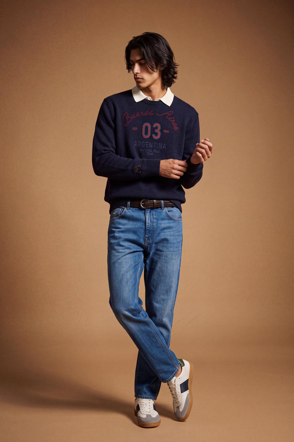 Men’s long-sleeve sweater with lambswool and alpaca blend for warmth and softness, featuring relaxed fit, wide sleeves, ribbed crew neck, and detailed embroidered design. - Navy
