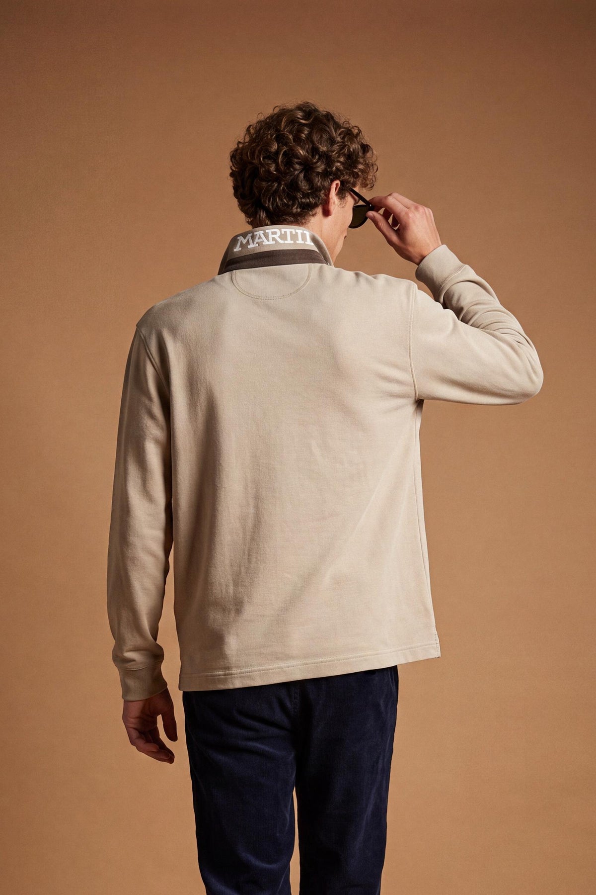 Men's long-sleeve polo in soft cotton jersey with contrasting gabardine collar, ribbed details, multicolor striped placket, and embroidered team logo for comfor - Vintage Khaki
