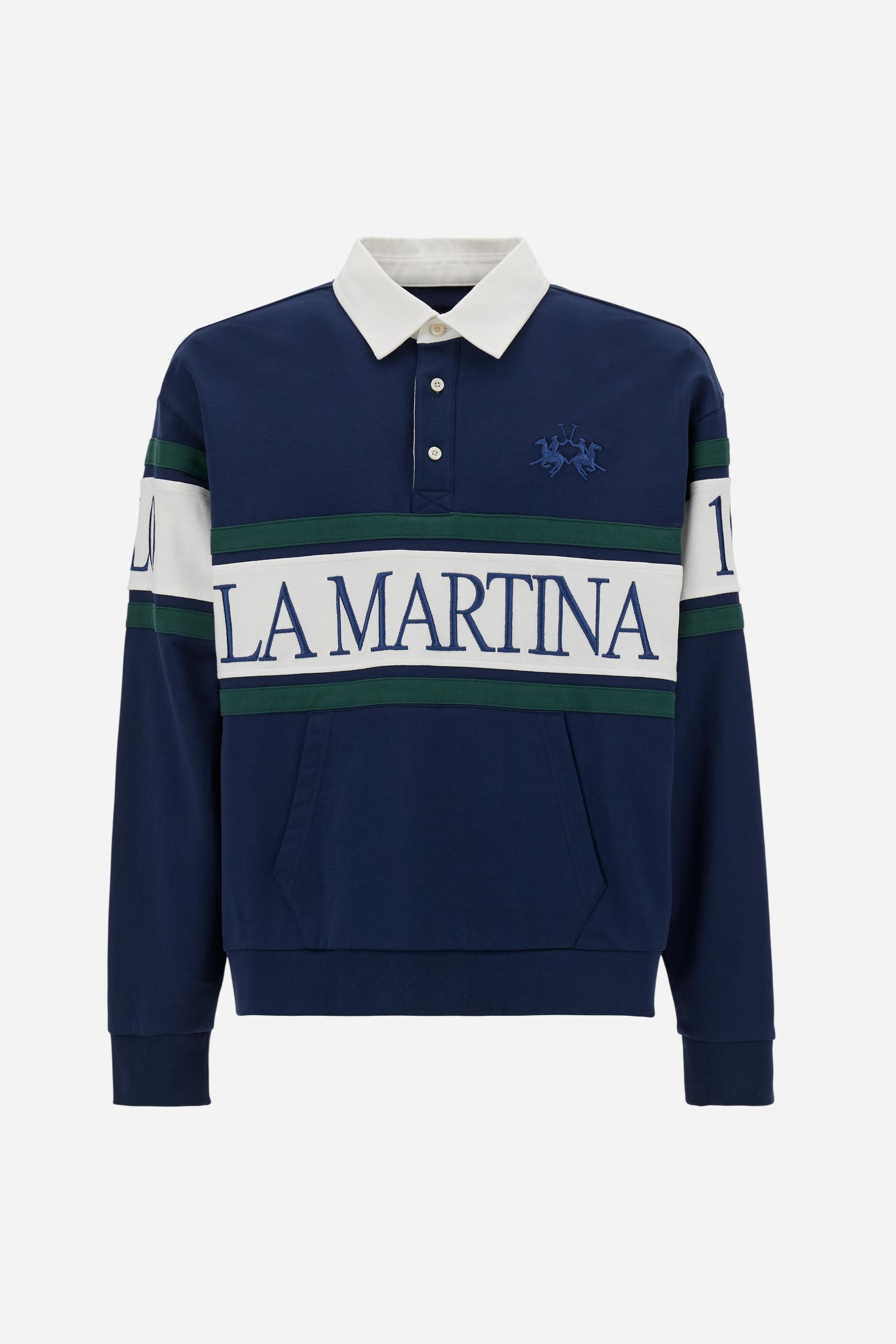 Men’s long-sleeve sweatshirt in soft cotton French Terry. Loose fit with contrast details on collar, chest and sleeves, enhanced by oversized logo and lettering. - Navy                                                                                                                                                                                                                                                                                                                                                        