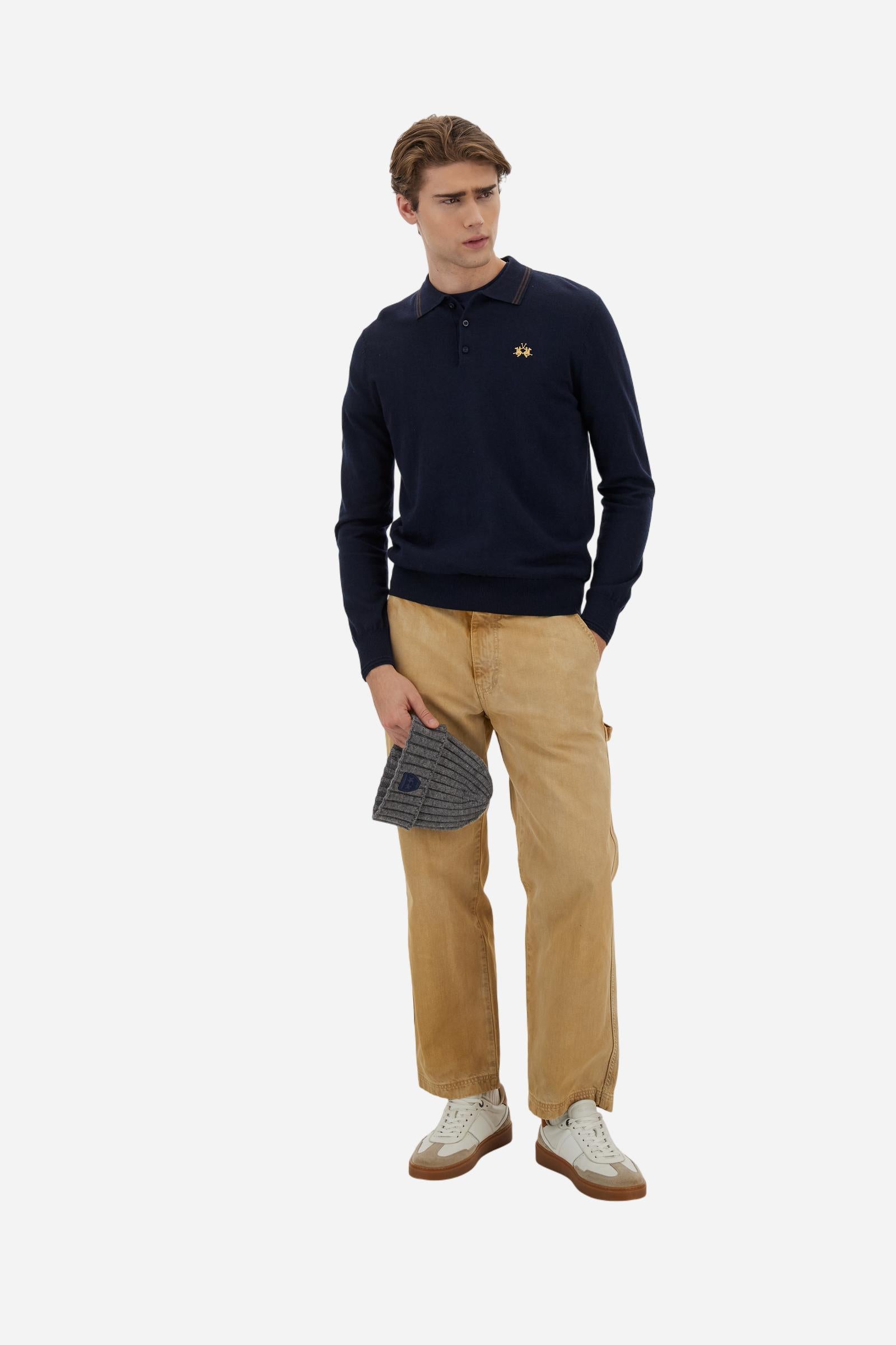 Men’s cotton and wool knit polo with small logo - Navy                                                                                                                                                                                                                                                                                                                                                                                                                                                                          