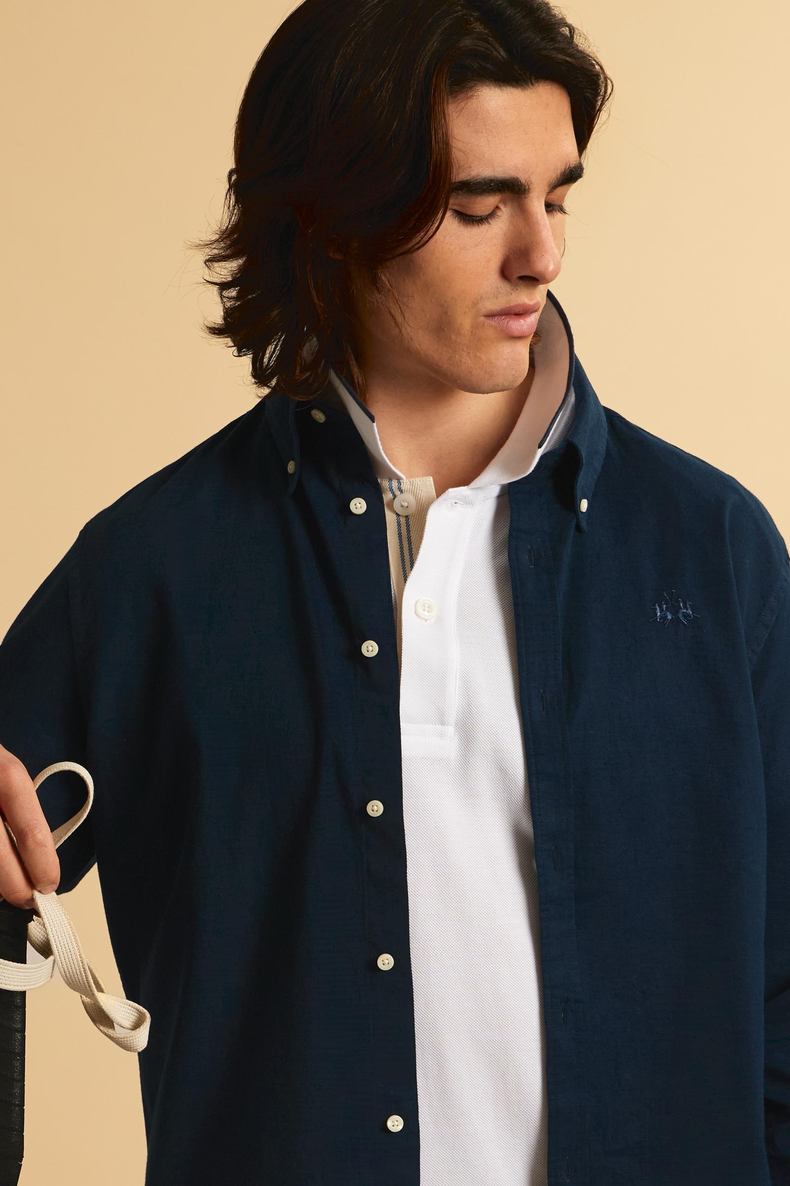 Men’s regular fit cotton and linen shirt with small logo - Rodolfo