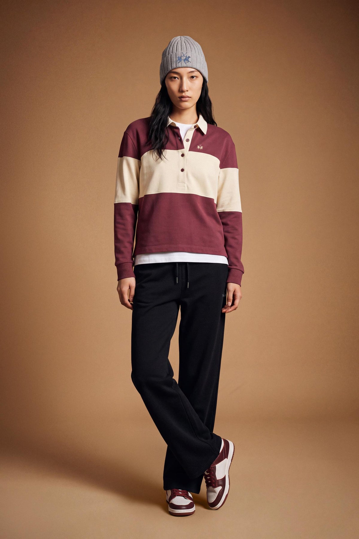 Women's long-sleeve polo in heavy 100% cotton jersey, featuring a contrast gabardine collar, double twill placket, color block stripes, and embroidered logo. - Port Royale/Pristine