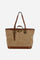 Shopping bag in linen-effect canvas with synthetic leather details and gold floral studs, roomy and elegant. - Beige/Honey                                                                                                                                                                                                                                                                                                                                                                                                      