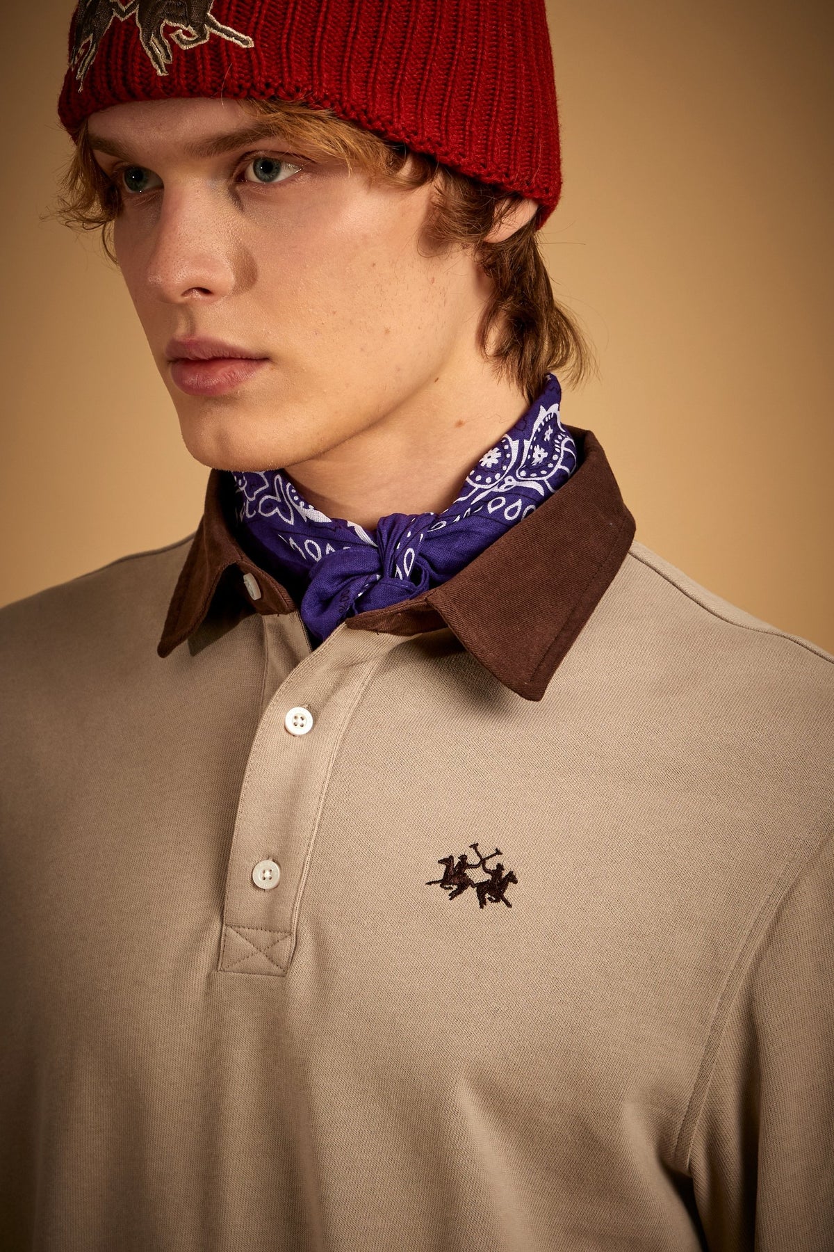 Polo uomo manica lunga in jersey cotone pesante collo a contrasto - Duke