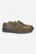 Men's suede loafer with glove stitching, embossed logo, and brown rubber sole for comfort and style. Handcrafted in Italy for casual and semi-formal wear. - Taupe Gray