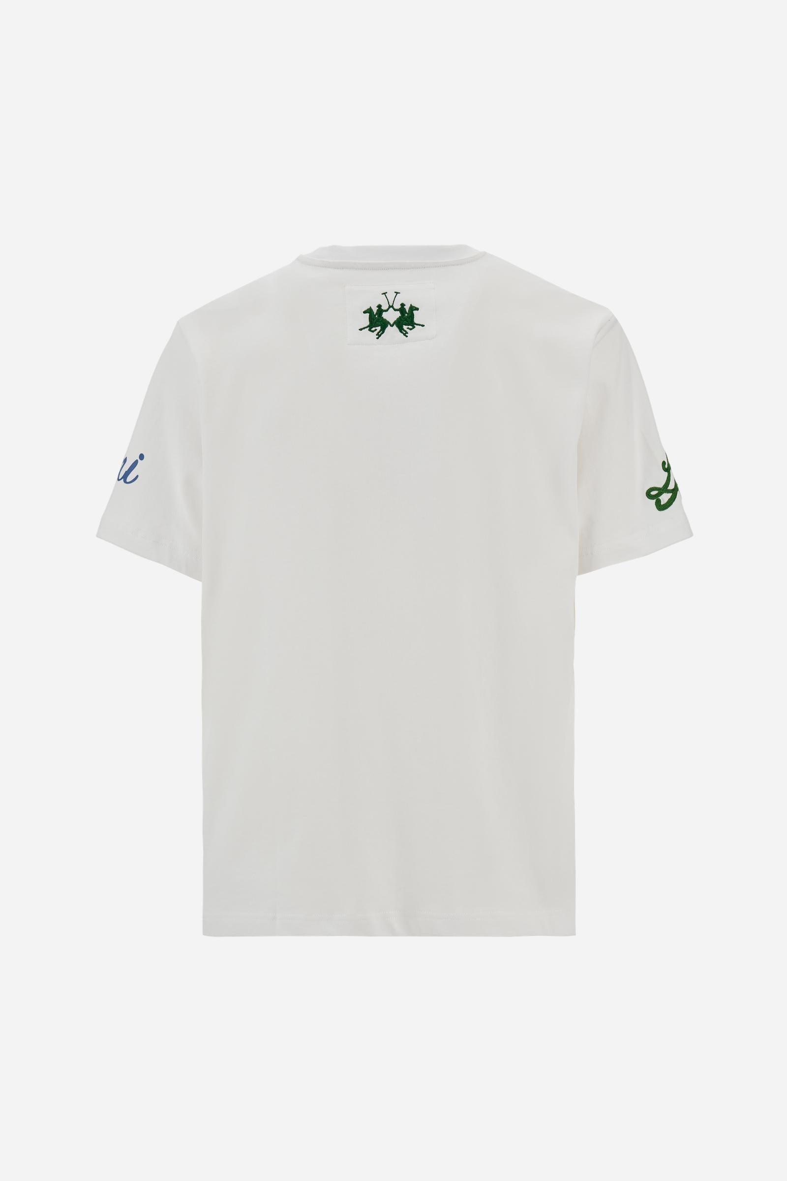 Men’s cotton jersey T-shirt with contemporary fit and Capri Edition printed graphic. Bold logo and contrast monogram. - Optic White