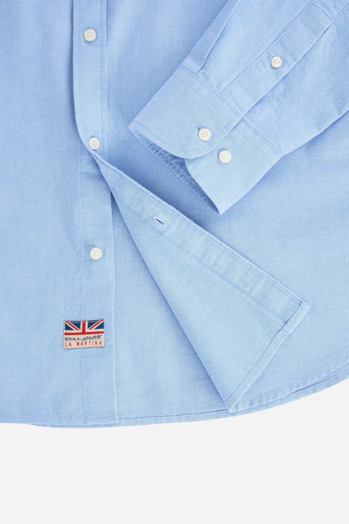 Men's 100% cotton Oxford shirt with a soft feel, regular fit, button-down collar, mother-of-pearl buttons, Polo Match embroidery, and embroidered number 3 patch. - Cornflower blue