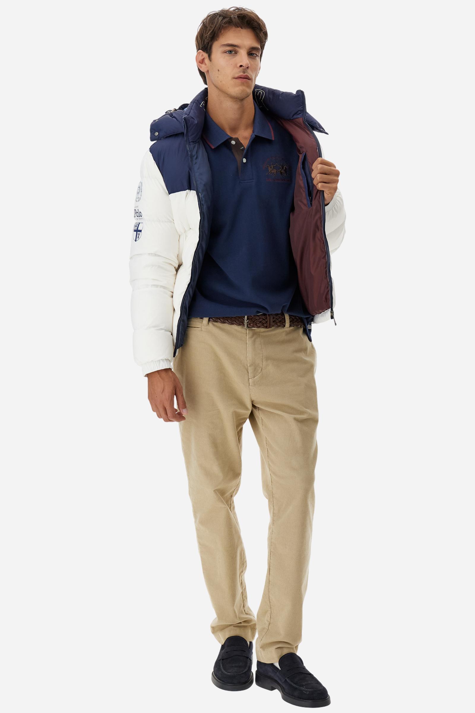 Men’s long-sleeve polo shirt in solid-colour cotton jersey with a warm, matte handfeel. Ribbed collar and cuffs with stripes and colour blocks in contrast, two personalised buttons and contrast details inside the collar. Patches and graphics on sleeves and chest celebrate the Official Polo Supplier team. The large multicolour logo is embroidered on the chest. Regular fit. The model wears size L. - Navy