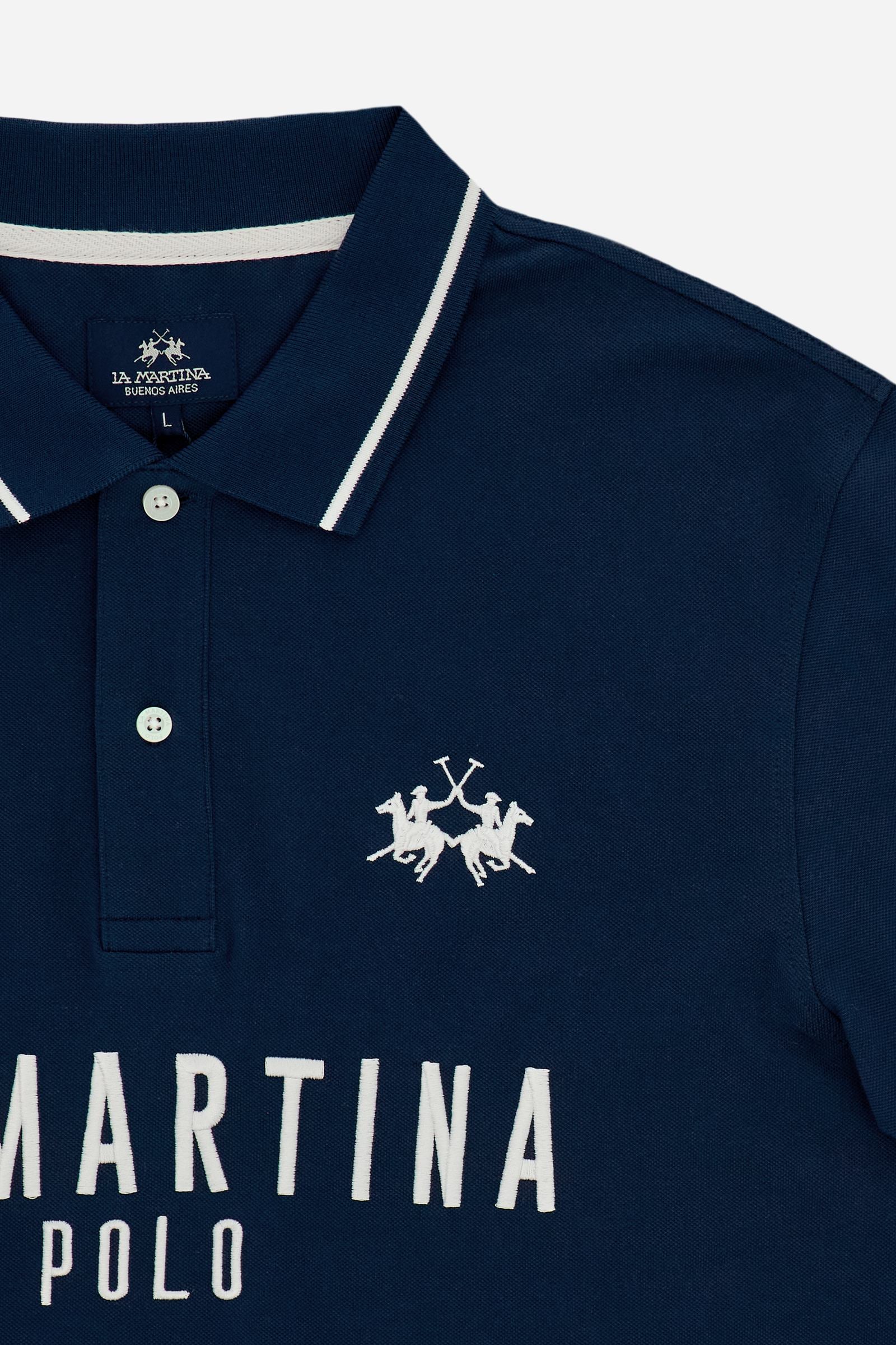 Men's short-sleeve polo in stretch piqué fabric with ribbed details, embroidered logo, bold lettering, and a relaxed regular fit for versatile comfort. - Navy