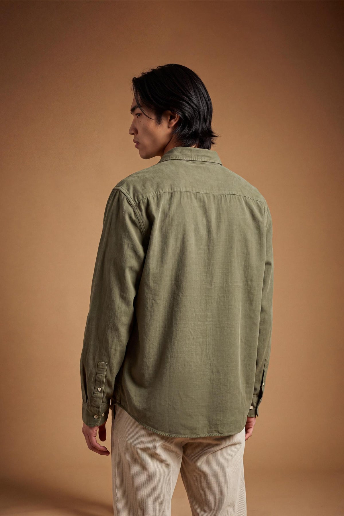 Men’s long-sleeve shirt in soft 100% cotton velvet with regular fit, front button closure, embroidered logo, and a comfortable regular collar for all-day wear. - Olive Night