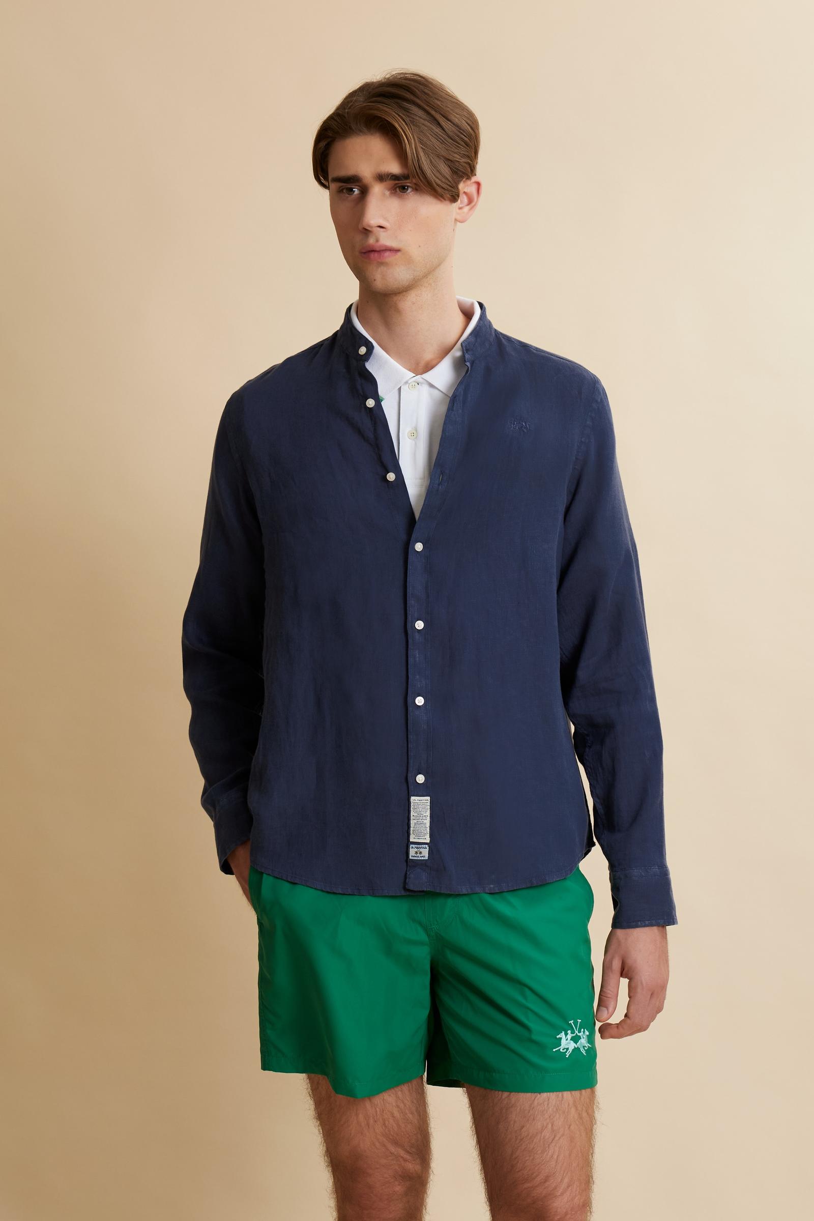 Camisa de hombre con cuello mao en lino teñido en prenda - Yasr