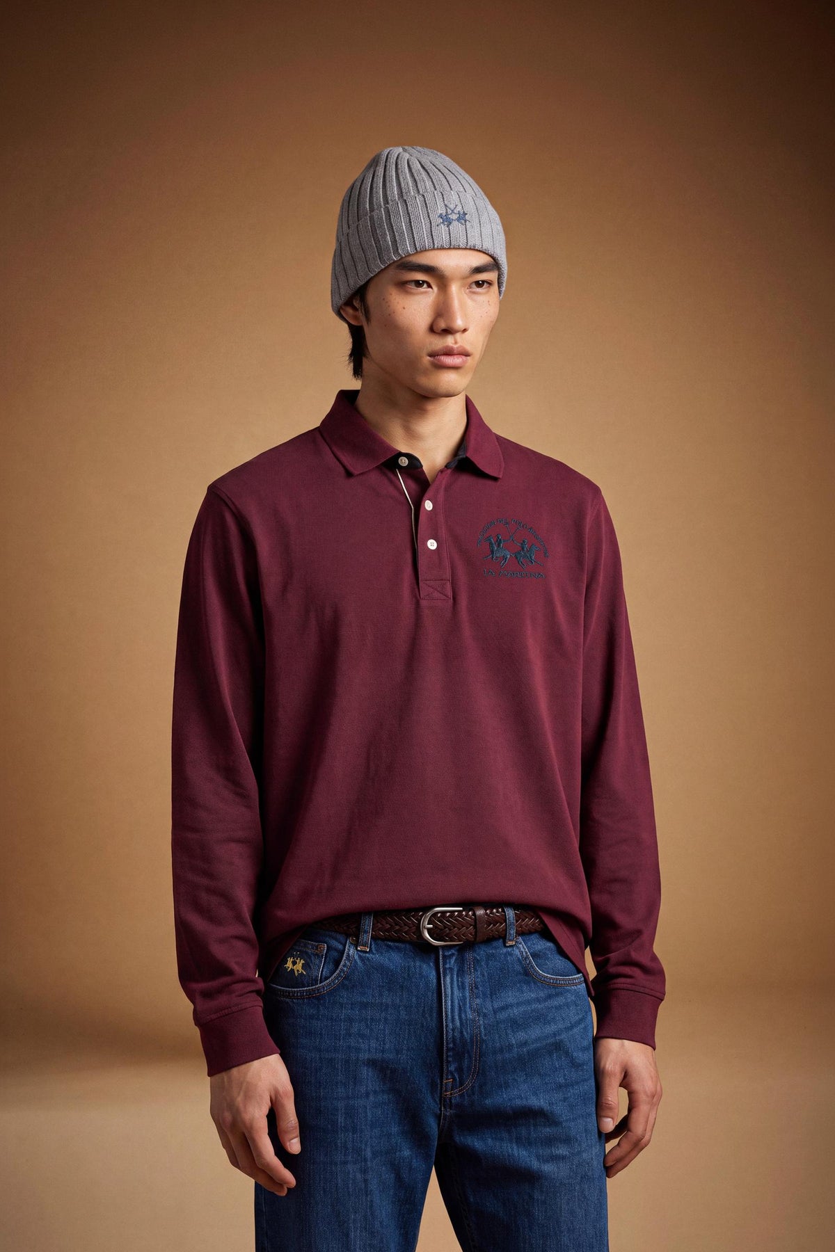 Men's long-sleeve polo in soft cotton jersey with contrasting gabardine collar, ribbed details, multicolor striped placket, and embroidered team logo for comfor - Port Royale