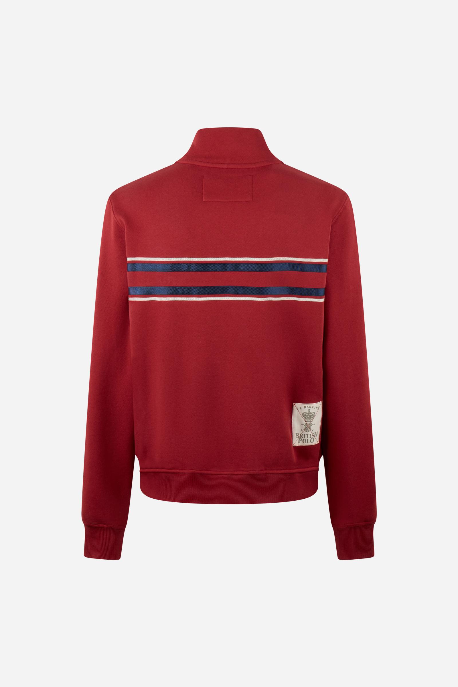 Men's long-sleeve sweatshirt in soft cotton with high double-layer collar, front zipper, ribbed cuffs, kangaroo pockets, and striking red, black, white stripes. - Red Dahlia