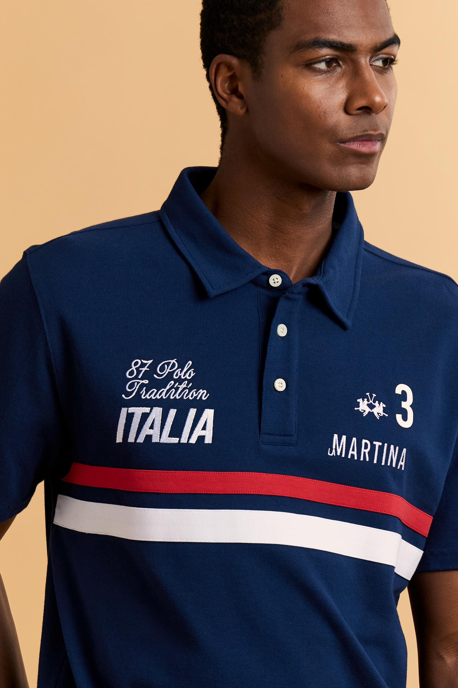 Men’s short-sleeve cotton jersey polo. Contemporary fit with a modern cut, featuring a piqué collar, coloured stripes and embroidered details inspired by the official Italian national team uniforms. - Navy                                                                                                                                                                                                                                                                                                                   