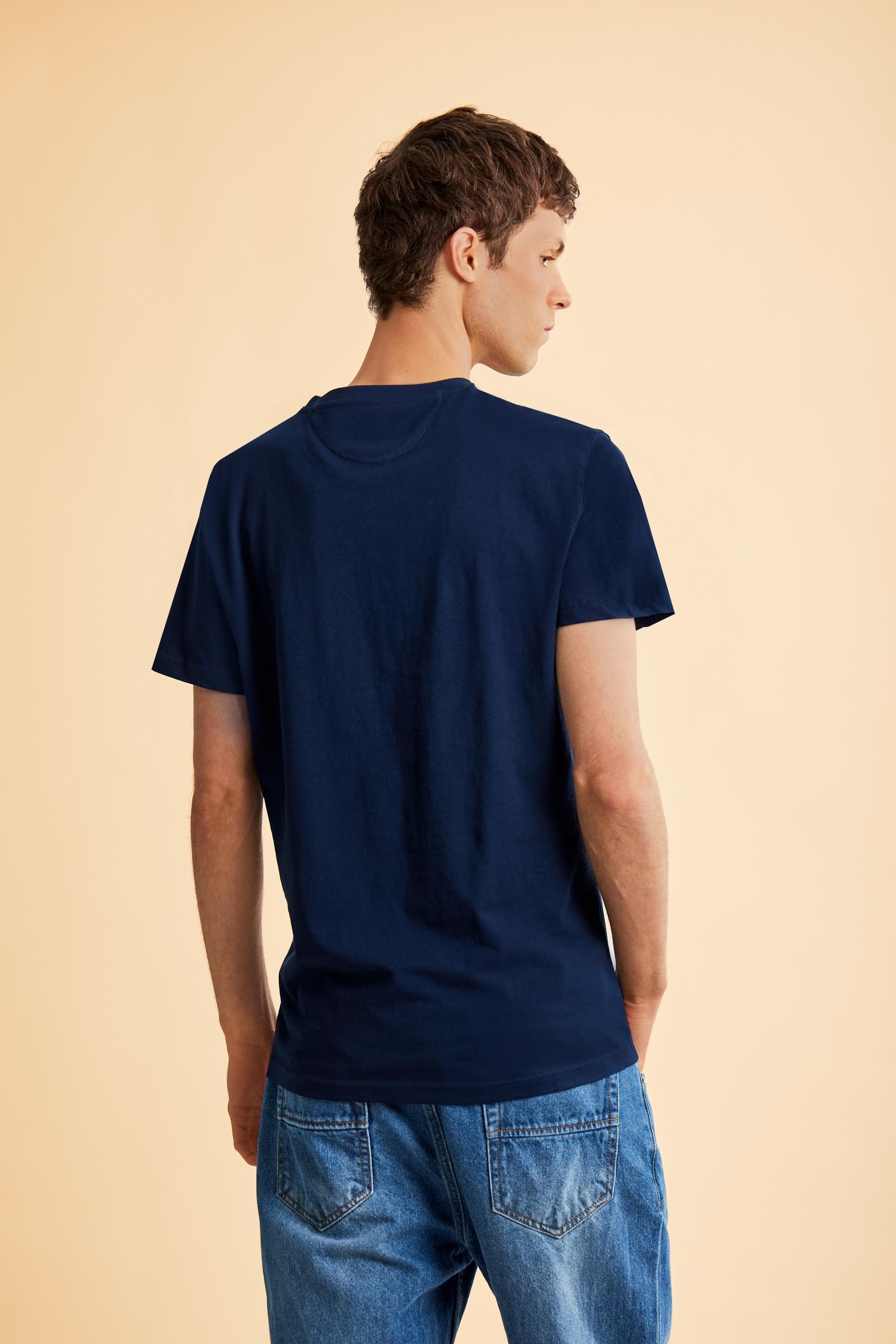 Men's short-sleeved crew-neck T-shirt in solid color with embroidered logo. Made of 100% cotton, perfect for a casual and trendy look with shorts or trousers. - Navy                                                                                                                                                                                                                                                                                                                                                           