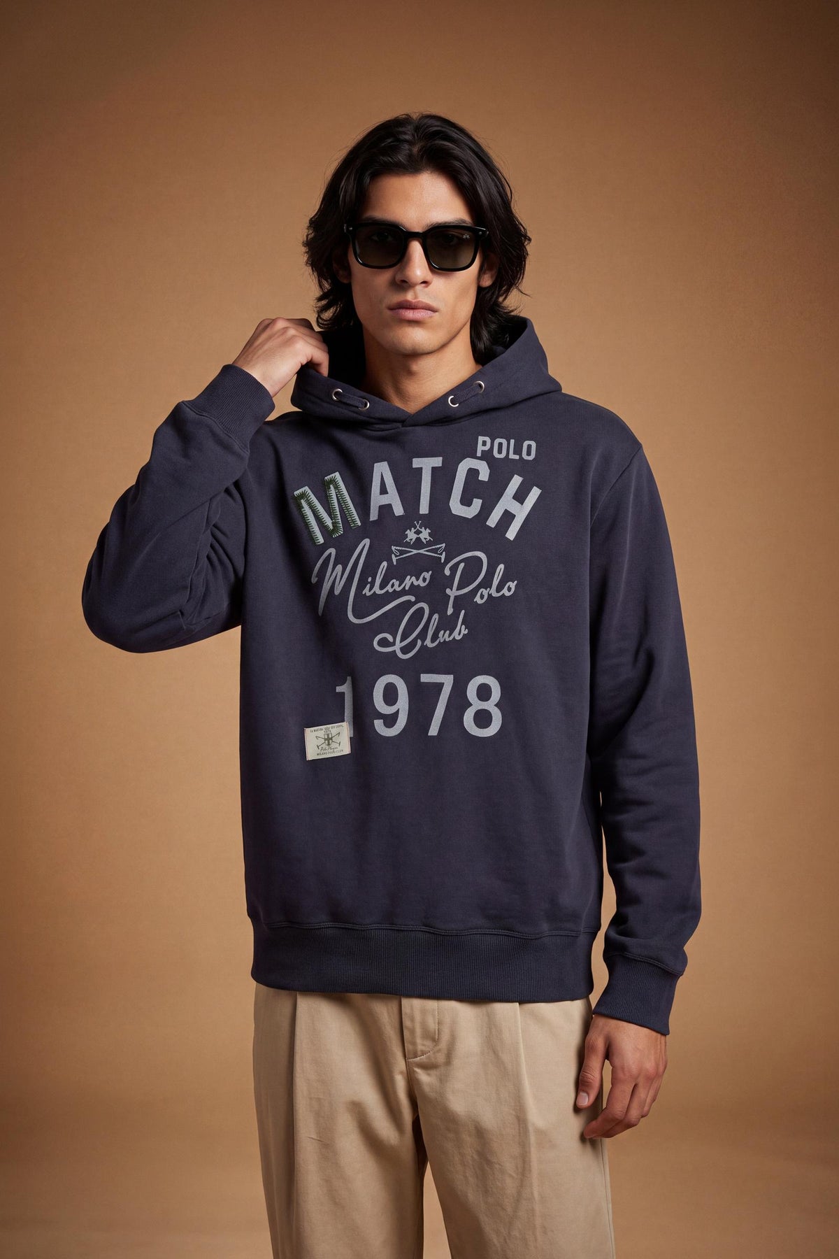 Men’s long-sleeve sweatshirt in soft brushed cotton with adjustable hood, relaxed fit, ribbed cuffs, and a textured vintage graphic for a stylish, comfortable look. - Navy Blazer