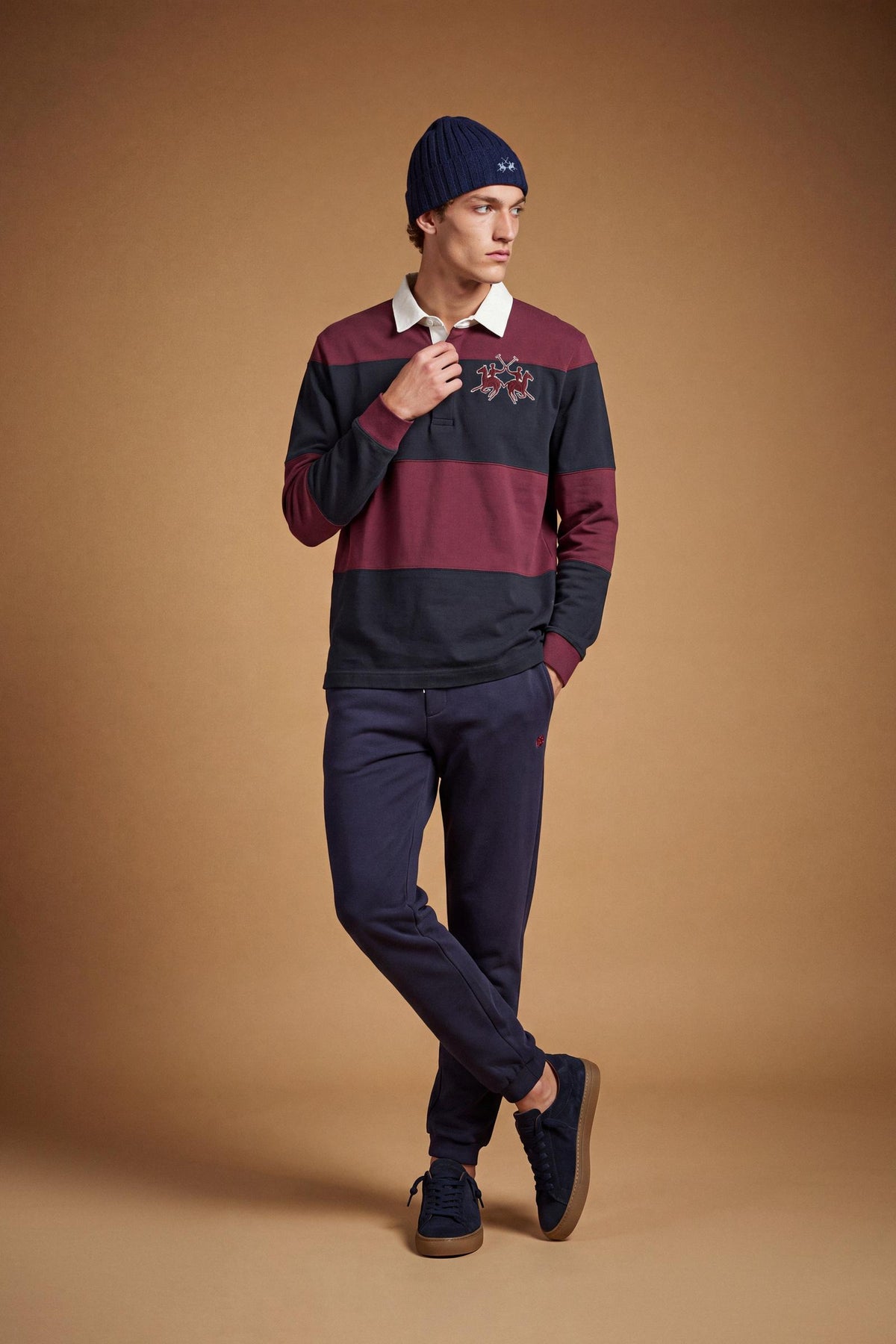 Men's long-sleeve polo made from heavy 100% cotton with a modern fit, dropped shoulders, wide rugby stripes, contrasting gabardine collar, and bold logo details. - Port Royale/Navy Bla