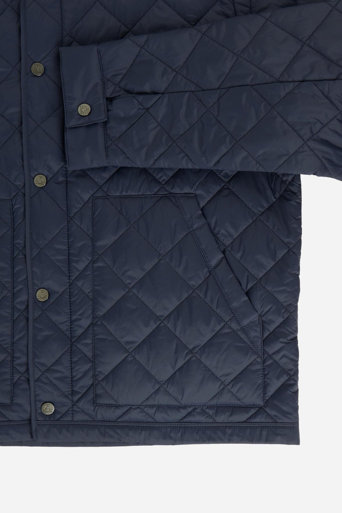 Men's quilted nylon jacket with polyamide lining and polyester padding for lightweight warmth, high collar, zip and snap closure, patch pockets, and a clean, regular fit. - Navy Blazer