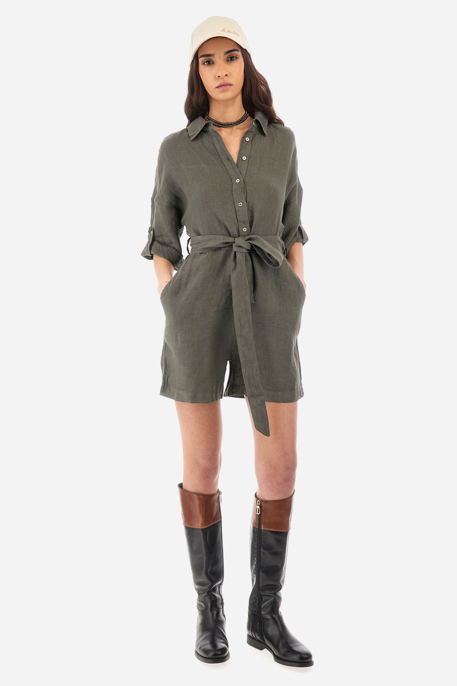 Regular-fit 3/4 sleeve one-piece with shorts in linen - Yacinta