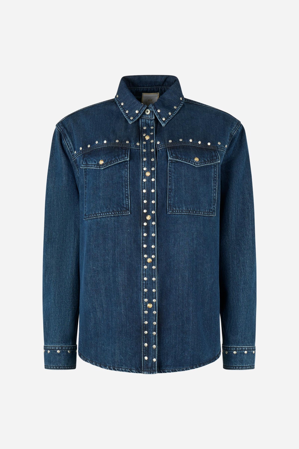 Women's 100% cotton denim shirt with a sturdy structure, dark blue wash, metal rivet details, snap button closure, two flap pockets, and embroidered logo. - Dark Indigo Denim