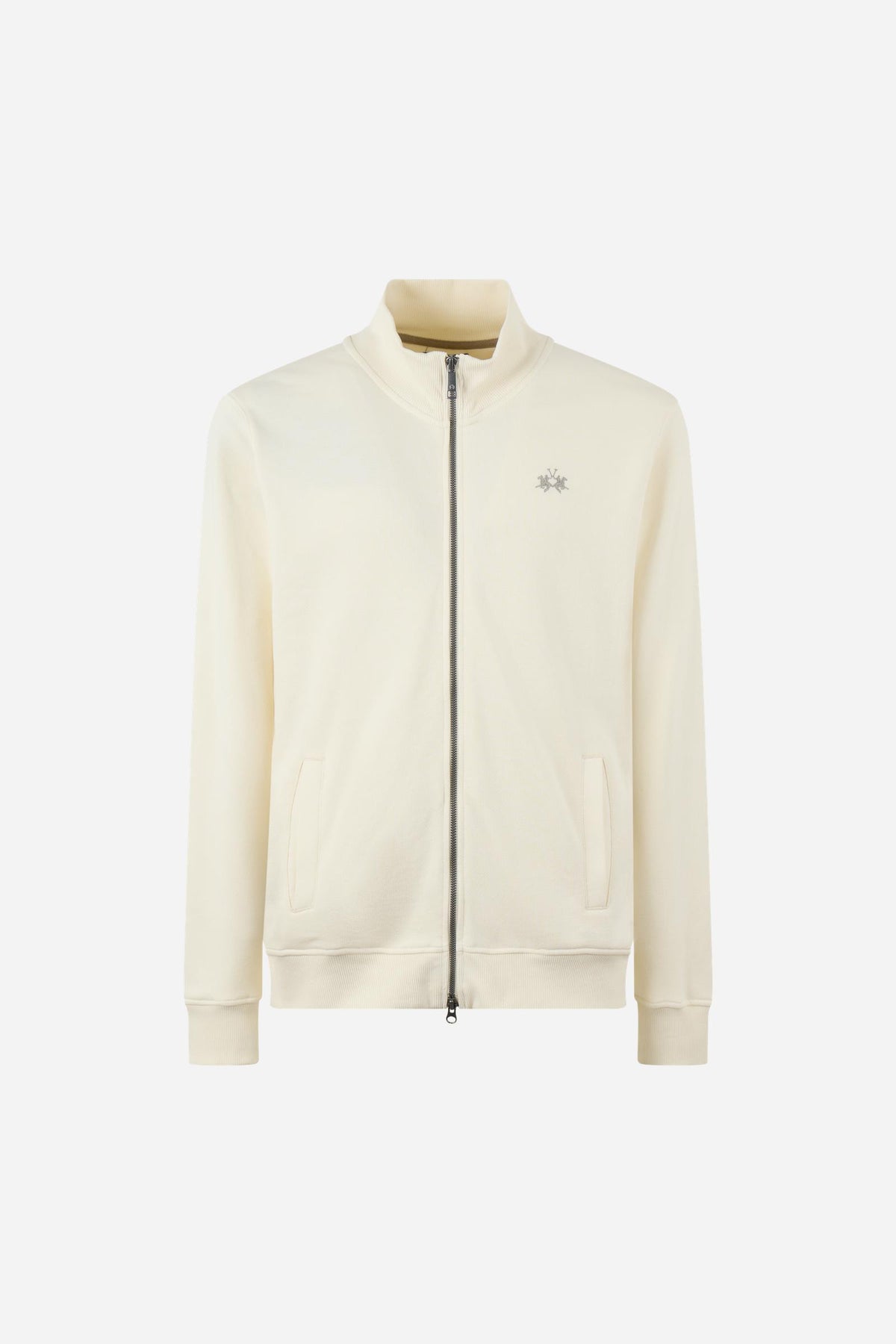 Men's 100% cotton fleece sweatshirt with a high collar, customized zipper, ribbed cuffs and hem, regular fit, and a subtle embroidered logo for comfort and style. - Pristine