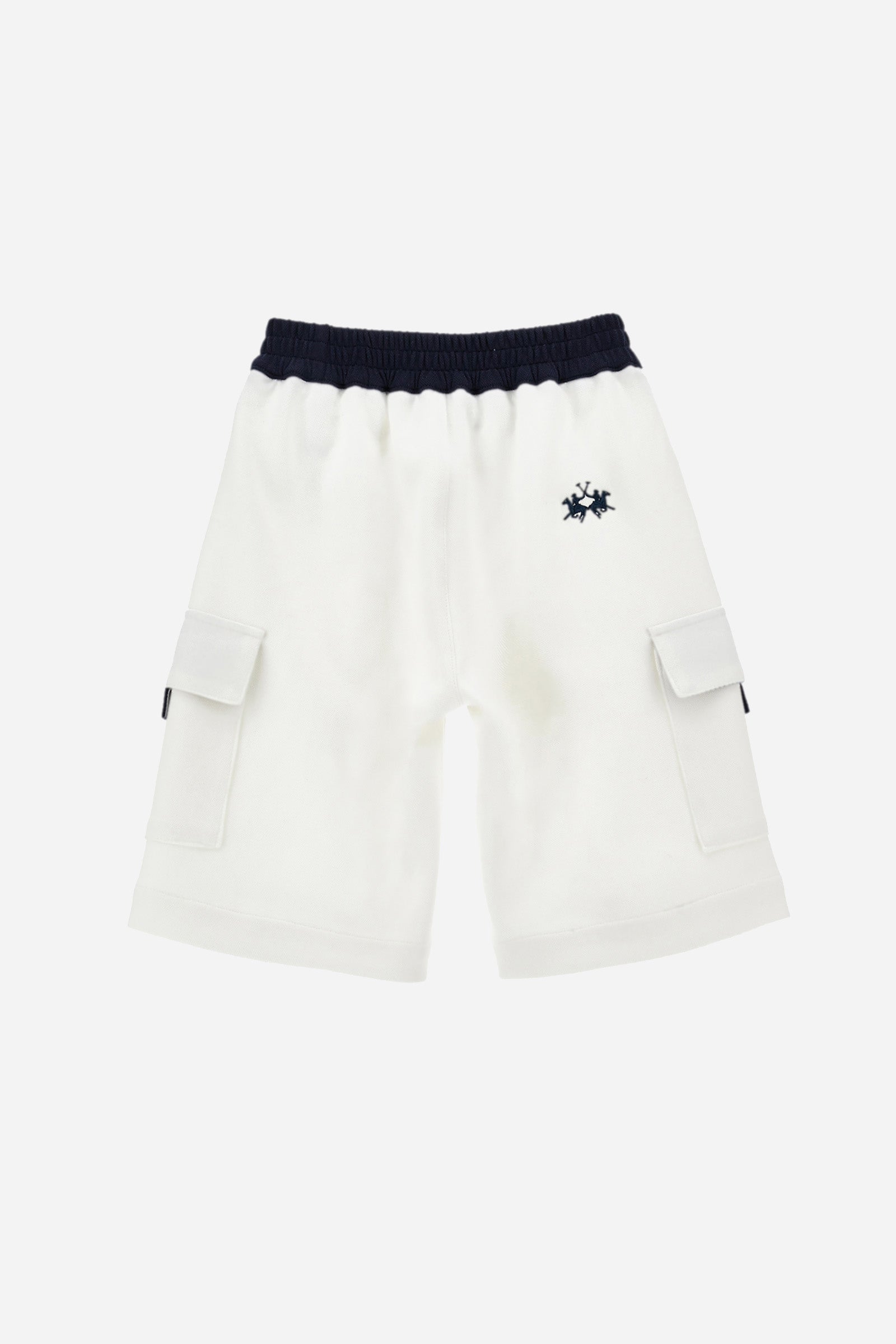 Bermuda shorts for boys in cotton interlock pique with contrasting details, elasticated waist, and cargo pockets. Stylish and comfortable for everyday wear. - WHITE