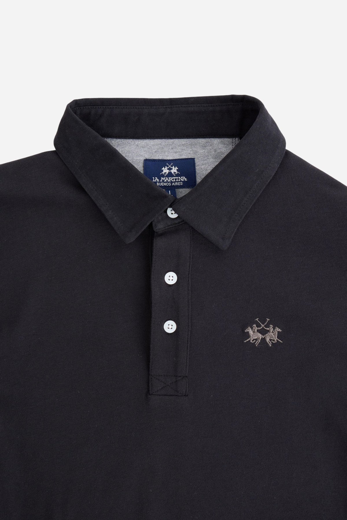 Men's long-sleeve polo made from heavy cotton jersey with ribbed cuffs, contrasting gabardine collar, embroidered logo, and a comfortable regular fit. - Black